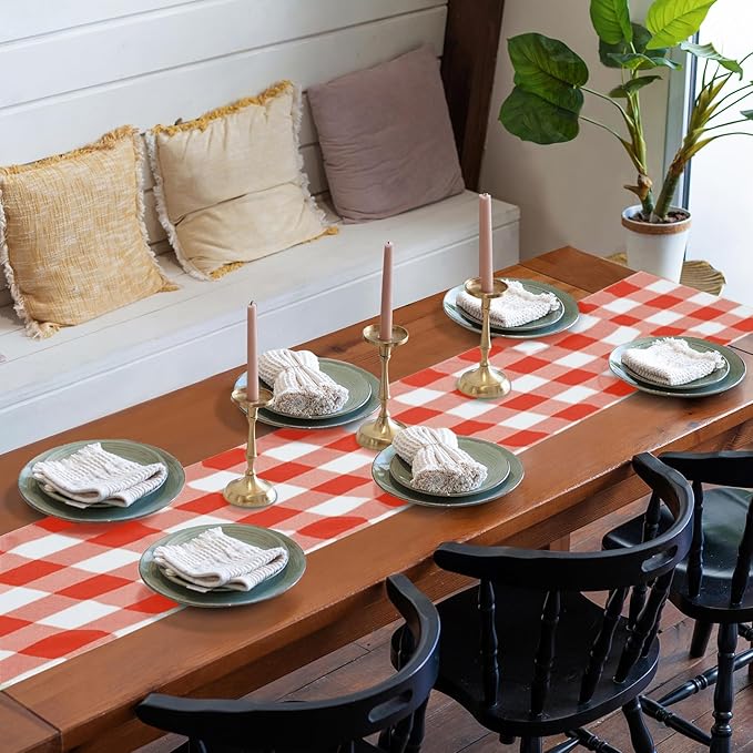 Fabric Checkered Table Runner 6 Pack Waterproof Gingham Table Runner 14W x 108L Buffalo Check Table Runners for Parties Kitchen Dining Wedding Banquet (Red and White)