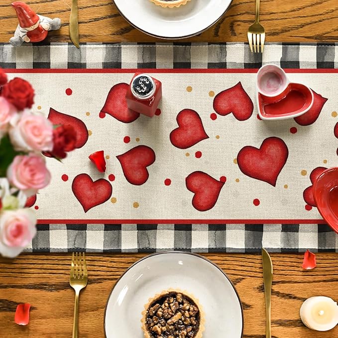 Artoid Mode Watercolor Hearts Gnomes Love Table Runner, Seasonal Anniversary Wedding HoliKitchen Dining Table Decoration for Indoor Outdoor Home Decor 13x72 Inch