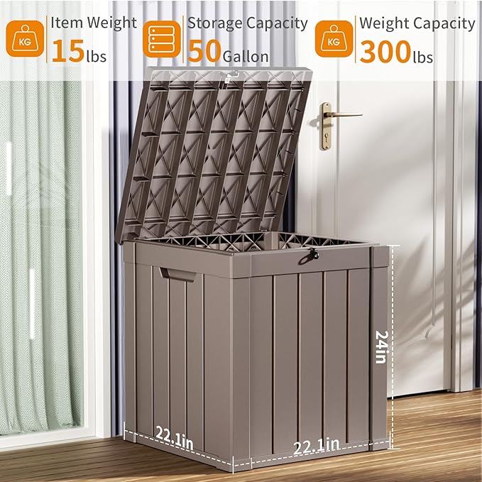 50 Gallon Outdoor Storage Box – Resin Deck Box with Lockable Lid, Waterproof Patio Furniture Storage for Tools, Garden & Yard Organization