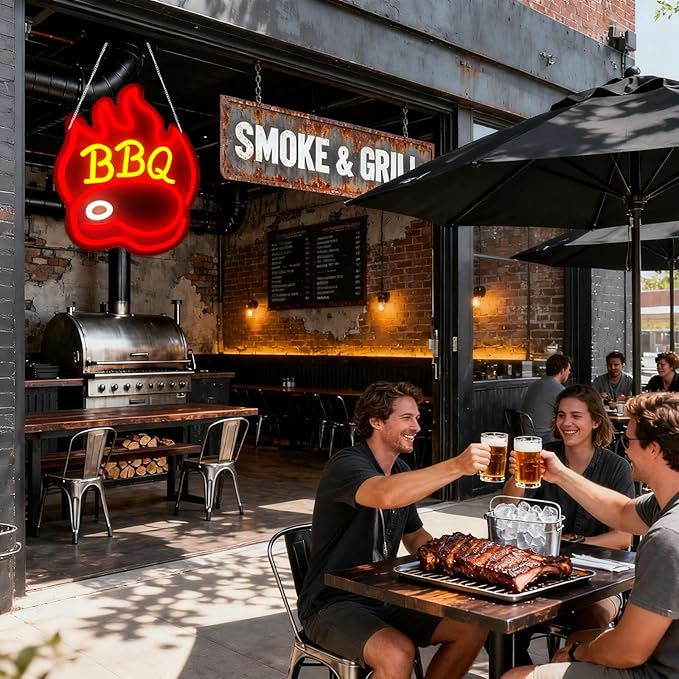 BBQ Neon Signs for Backdrop wall decor,Dimmable USB Powered,Barbecue Neon Light Up Home Party restaurant Grill Beer Bar Decoration Lights, Bright LED bbq sign (14.8"*12.2"in)