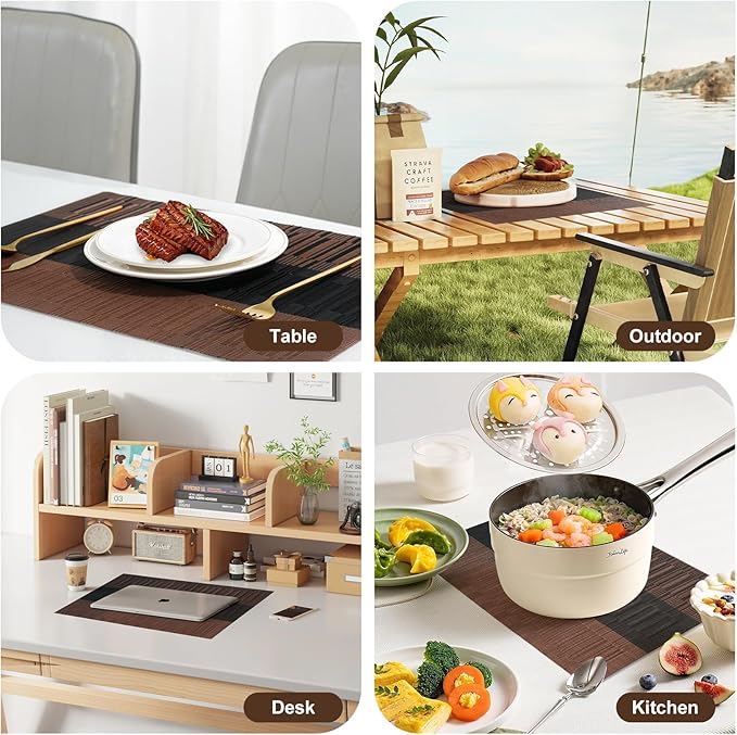 Placemats Set of 6,Non-Slip PVC Weave Table Mats Easy to Clean,Heat Resistant Place Mats for Kitchen Dining Table Decoration Indoor Outdoor,Black Brown