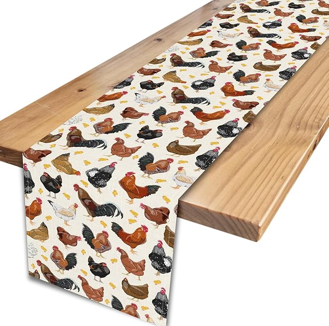Farmhouse Rooster Table Runner, Rustic Farm Animals Cow Pig Chicken Coffee Table Center Decor for Home Kitchen Dining Patio Holiday Party Indoor Outdoor Table Decorations, 13"x90" Inch
