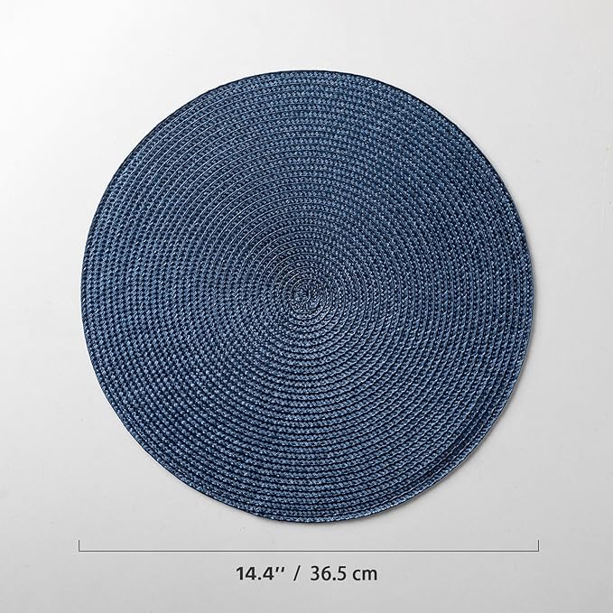 Round Placemats Set of 6 Plastic Woven Placemats Washable Wipeable Table Mats for Dining Table Heat Resistant Non-Slip Circle Place Mats (Navy Blue)