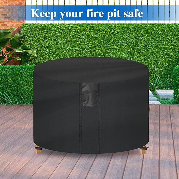 Fire Pit Cover Round- Waterproof Firepit Covers Round (44Dia x 24H inches, Black) Outdoor Fireplace Cover Weatherproof and Non Fading
