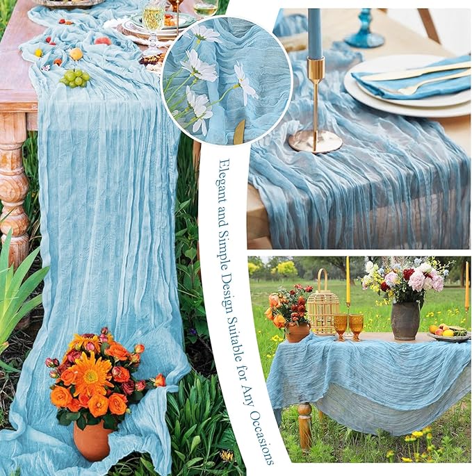 20 Packs Cheesecloth Table Runner 10FT Long Boho Gauze Fabric Table Runner Vintage Rustic Sheer Runners for Wedding Party Bridal Baby Shower Table Decorations (Light Blue )