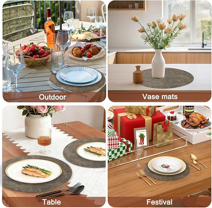 Round Faux Leather Placemats and Coasters, Set of 6, Reversible Heat Resistant Non-Slip Table Mats, Waterproof Wipeable Place Mats for Dining Table, Washable for Indoor & Outdoor (6, Dark Brown)