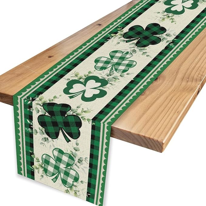 St.Patrick's Day Table Runner,Green Plaid Clover Eucalyptus Leaves Retro Linen Table Center Decor for Home Kitchen Dining Patio Holiday Party Indoor Decorations, 13"x90"