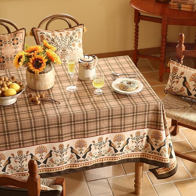 Vintage Brown Checkered Rectangle Tablecloth,Italian Floral Linen Wrinkle Resistant Table Cloth,Decor Table Cover for Kitchen,Dining,Thanksgiving,Christmas,Tea Party,63"*87"-Seville