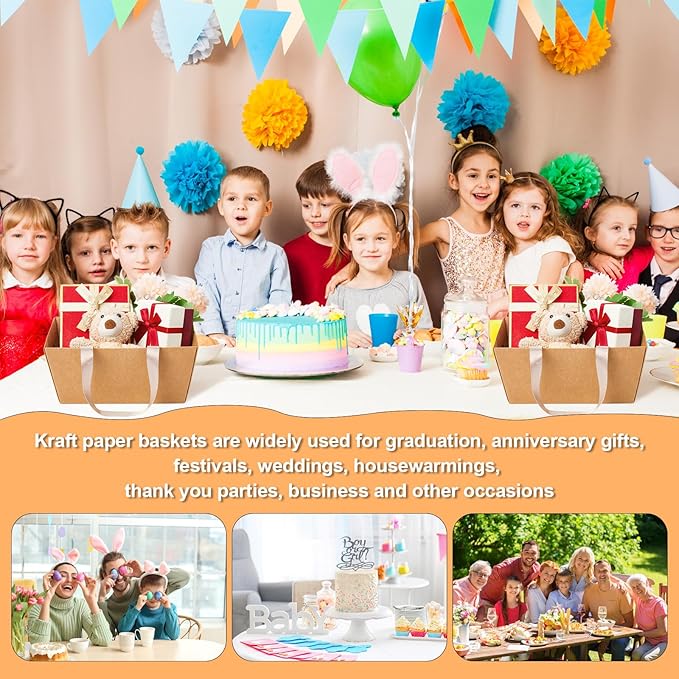 Pinkunn 48 Pcs Basket for Gifts Empty DIY Bulk Gift Basket Kit with Handles Kraft Cardboard Tray for Wedding Baby Shower Graduation Party Anniversary Party Display(Brown)