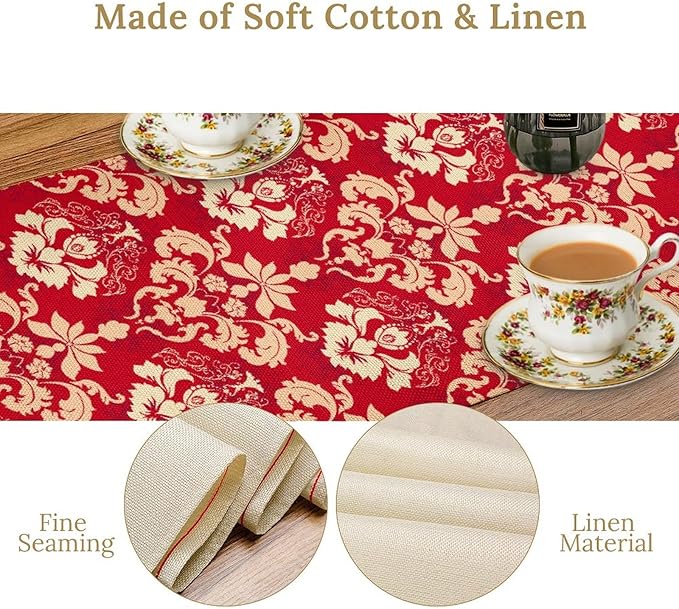 Damask Table Runner, Rustic Gothic Red Baroque Style Floral Boho Flower Antique Vintage Retro Coffee Table Center Decor for Kitchen and Dining Outdoor Home Country Party Table Decorations, 13"x72"