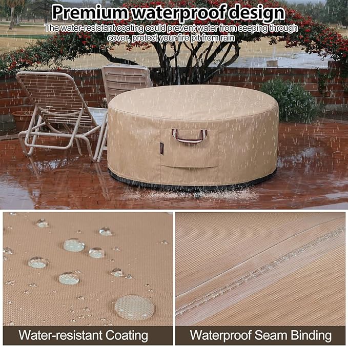 QH.HOME Fire Pit Cover Round-37-40 Inch Heavy Duty 900D Strong Tear-Resistant and UV Resistant and Waterproof and Fading Resistant Material Polyester Firepit Covers for Outdoor Fire Pit-Wheat