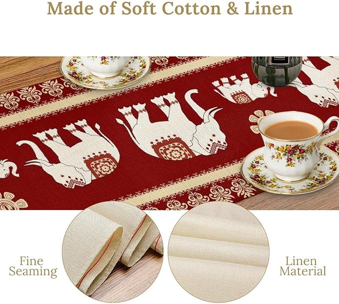African Tribe Table Runner, Boho Red Elephants Tribal Traditional Diwali India Animal Ethnic Folk Rustic Coffee Table Center Decor for Home Kitchen Holiday Party Outdoor Table Decorations, 13"x90"