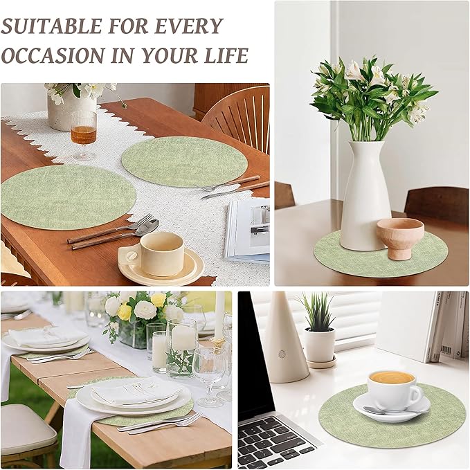 13" Round Placemats Set of 12, Reversible Faux Leather Heat Resistant Table Mats, 100% Waterproof Oilproof Wipeable Table Protective Placemats for Vinyl, Washable for Indoor (12, Light Green)