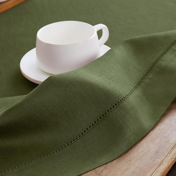 Solino Home Linen Olive Table Runner 72 Inches Long - 100% Pure Linen Hemstitch Table Runner 14 x 72 Inch for Dresser, Dining, St Patricks Day - Classic Hemstitch