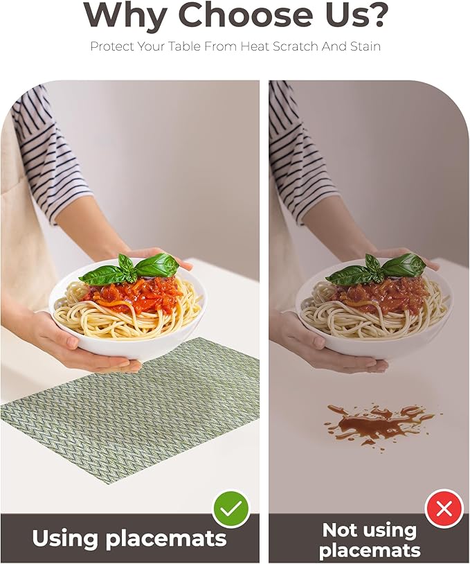 Leetaltree Green Placemats Set of 4 - Heat Resistant Non-Slip Place mats for Dining Table, Washable Durable PVC Vinyl Woven Table Mats(Green Zigzag, 4)