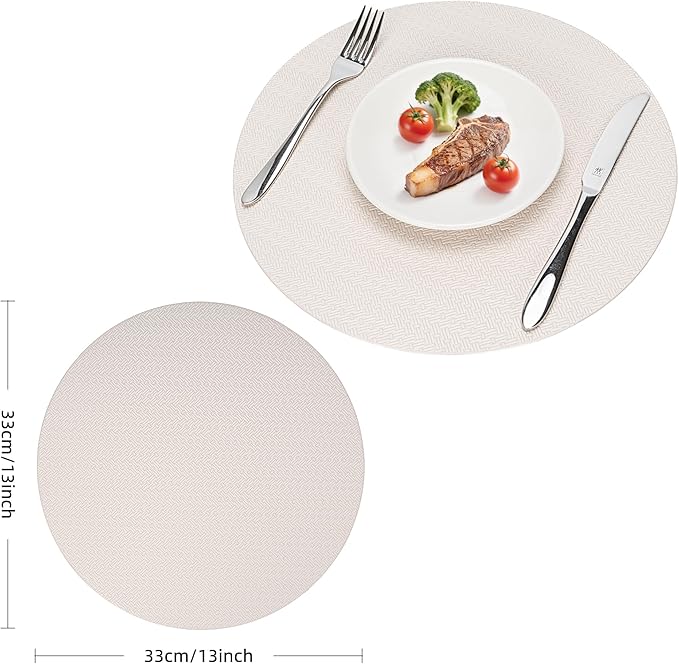 Round Faux Leather Placemats Set of 6 – 13 Inch Vinyl Mats, Heat Resistant, Non Slip, Wipeable & Washable, Easy to Clean Dining Table Decor for Kitchen & Holiday Gatherings(Ivory White)