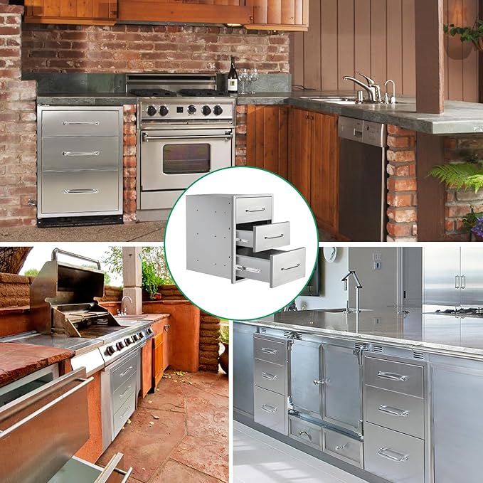 Outdoor Kitchen Drawers 15.7" W x 21.6" H x 17.7" D Stainless Steel Triple Drawers with Ergonomic Handle for BBQ Island, Patio Grill Station & Outdoor Kitchen Cabinets