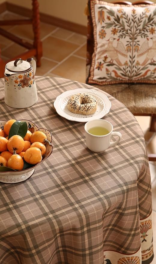 Vintage Brown Checkered Small Round Tablecloth,Italian Style Wrinkle Resistant Linen Tablecloths,Decor Table Cover for Kitchen,Dining,Thanksgiving,Christmas,Diameter 55"-Seville