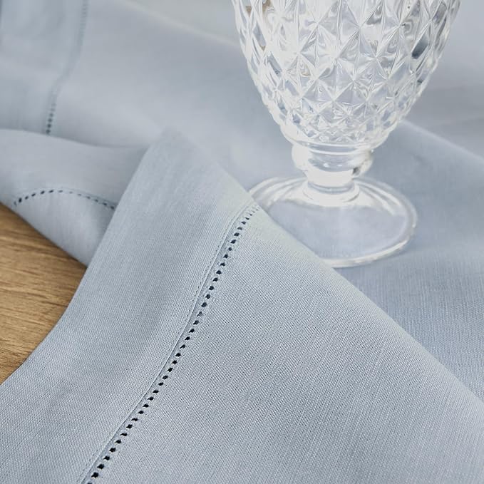 Solino Home Linen Classic Hemstitch Table Runner 132 Inches Long - 100% Pure Linen Dusty Blue Table Runner 14 x 132 Inch for Winter, Spring, Easter
