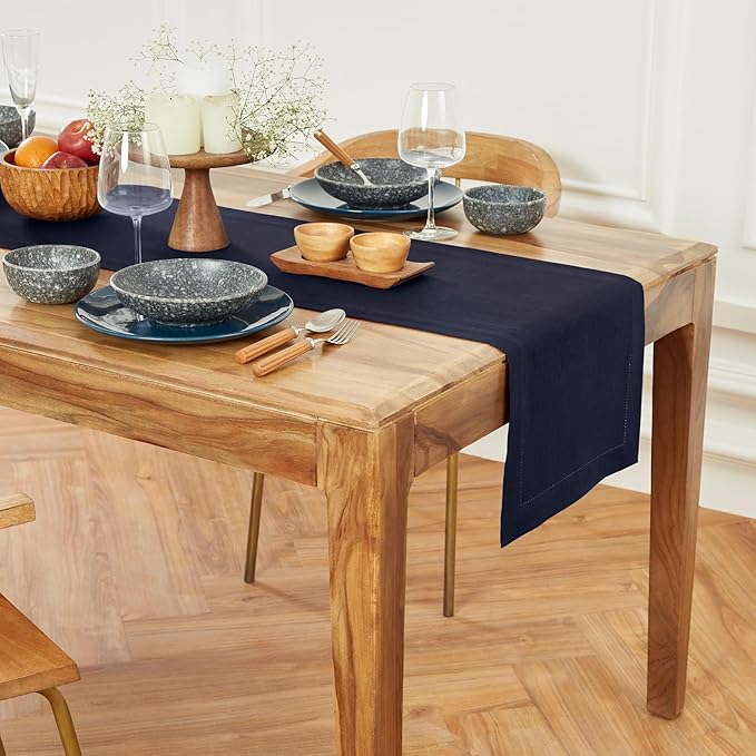 Solino Home Linen Table Runner 120 Inches Long - 100% Pure Linen Navy Blue Table Runner 14 x 120 Inch for Winter - Medium Weight Hemstitch