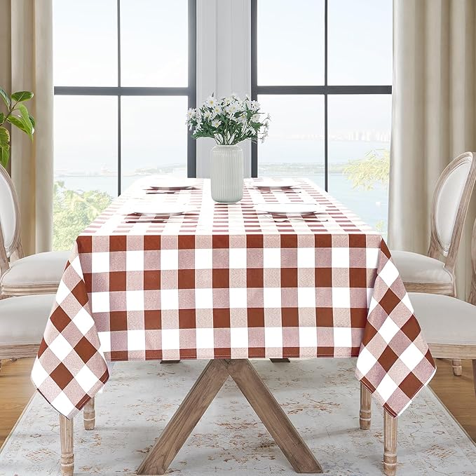 Softalker Gingham Checkered Tablecloth Rectangle - Outdoor Waterproof Buffalo Plaid Table Cloth, Stain Resistant Washable Table Cover for Picnic, Camping, Dining - Rust and White, 60 x 120 Inch