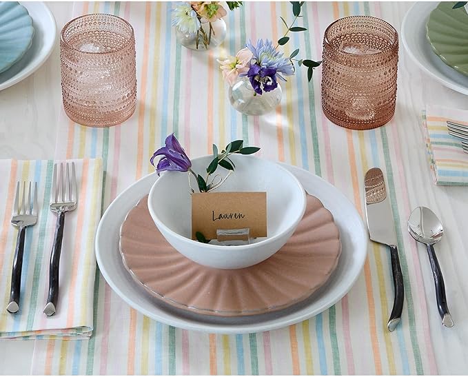 Solino Home Striped Linen Table Runner 144 Inches Long - Julia 100% Pure Linen Multicolor Muted Pastel Stripe Dining Table Runner 14 x 144 Inch for Spring, Easter