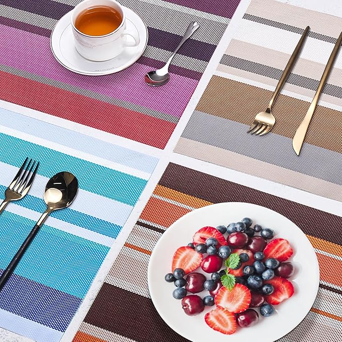 Set of 6 Colorful Striped Vinyl Placemats Heat-Resistant Washable Placemats Non-Slip Woven Table Mats Wipeable Placemat for Kitchen Dining Table Decoration Indoor Outdoor (Ocean Blue)