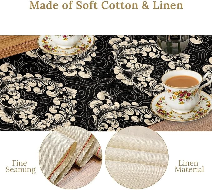 Gothic Table Runner, Retro Black Damask Baroque Style Floral Bohemian Exotic Coffee Vintage Table Center Decor for Kitchen and Dining Outdoor Home Country Party Table Decorations, 13"x72"