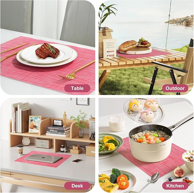 Placemats Set of 8,Christmas Decoration Non-Slip PVC Weave Table Mats Easy to Clean,Heat Resistant Place Mats for Kitchen Dining Table Decoration Indoor Outdoor,Red