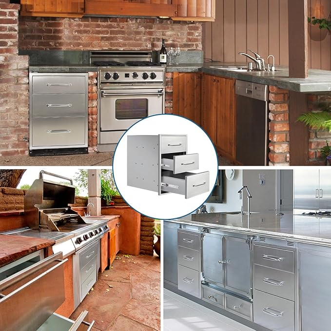 Outdoor Kitchen Drawers 14" Wx21 Hx21 D Flush Mount Access 3-Drawer BBQ Stainless Steel Drawers with Handle for Outdoor Kitchen Island or Grill Station