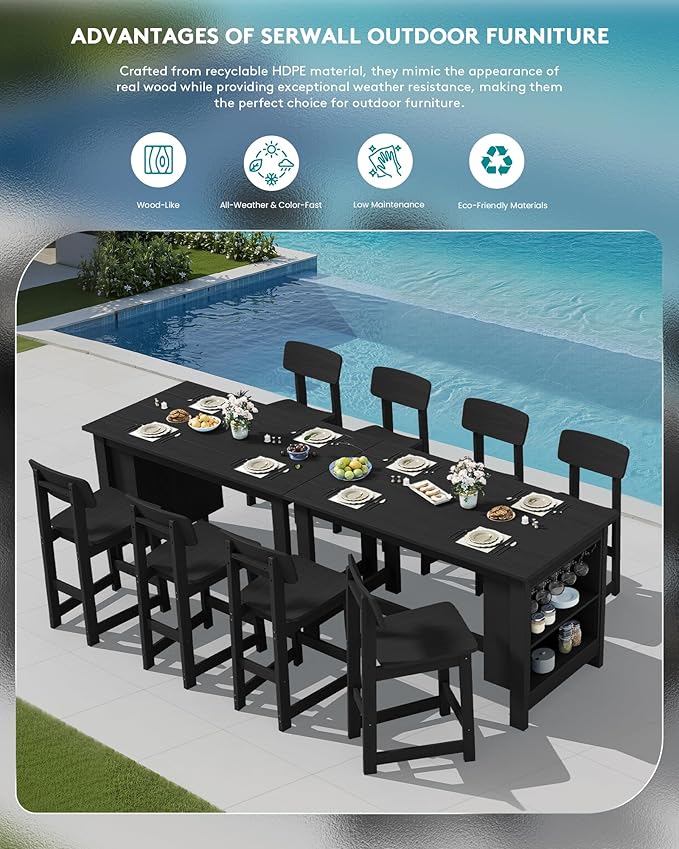 SERWALL Outdoor Bar Table and Chairs Set, 3-Piece HDPE Counter Height Patio Dining Sets with Storage and Wine Rack, Rectangular High Top Bar Table with 2 Bar Stools for Garden, Backyard, Black