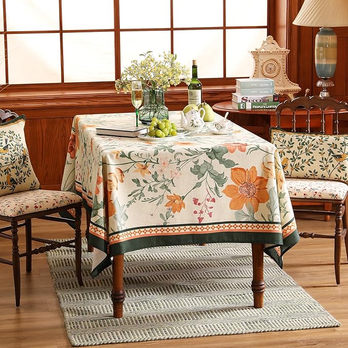 French Linen Square Tablecloth,Orange Floral Pattern Wrinkle Resistant and Soft Table Cloth,Decorative Table Cover for Kitchen,Dining,Thanksgiving,Tea Party,Christmas,67"*67"-Milch