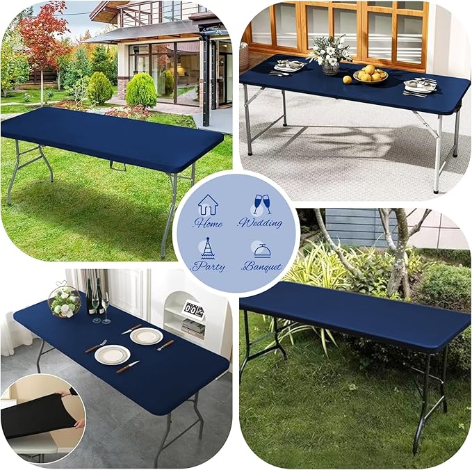 10 Pack Stretch Fabric Table Top Cap Cover, fits 8Ft Tables, Spandex Table Covers Washable Elastic Universal Rectangle Tablecloth Protector for Outdoor Party Picnic Wedding, Navy Blue, 30" W x 96" L