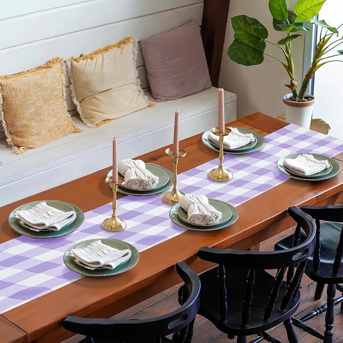 Fabric Checkered Table Runner 1 Pack Waterproof Gingham Table Runner 14W x 108L Buffalo Check Table Runners for Parties Kitchen Dining Wedding Banquet (Lavender and White)