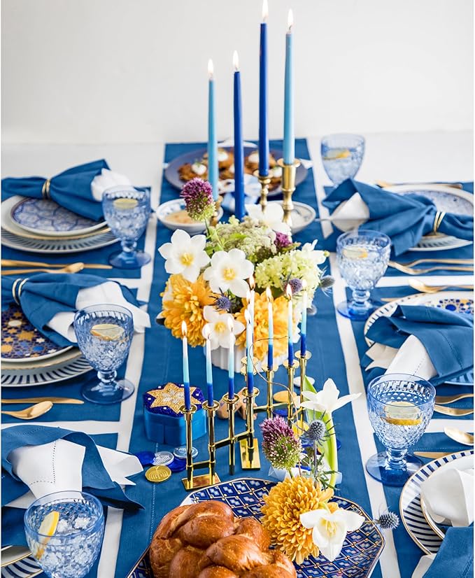 Solino Home Linen Indigo Blue Table Runner 132 Inches Long - 100% Pure Linen Extra Long Table Runner 14 x 132 Inch for Winter, Spring, Easter - Classic Hemstitch