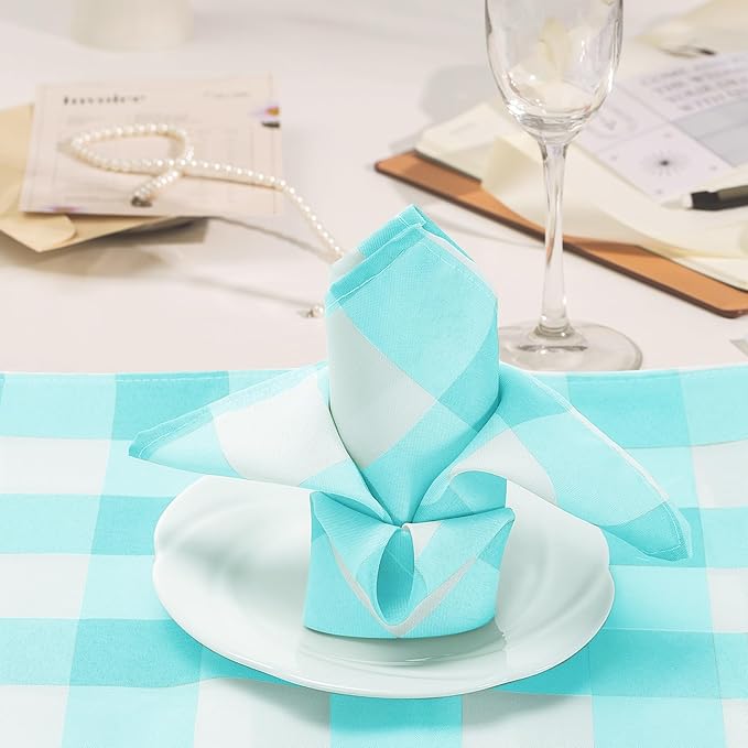 Buffalo Plaid Table Napkins Set of 50 Checkered Cloth Napkins 17x17 inch Washable Dinner Gingham Pattern Napkins Soft Napkins for Wedding Party Dining Banquet(Aqua and White)
