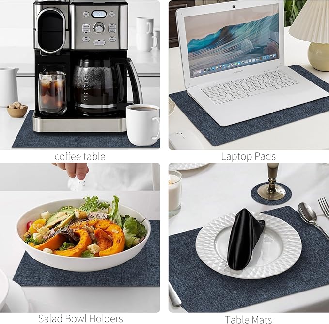 MOSAYT Placemats Set of 8, Heat Resistant Vinyl Place Mats with Coasters, Wipeable Washable 100% Waterproof Oil Proof Faux Leather Table Mats for Kitchen Dining Party Outdoor, 12" x 17", Navy Blue
