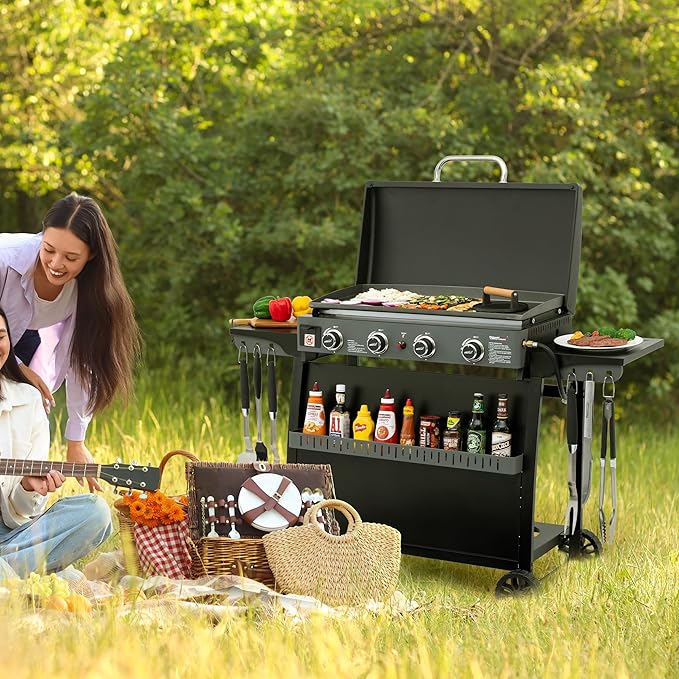 Royal Gourmet PD4001 4 Burner Propane Gas Griddle with Removable Standing Cart, Convertible to Tabletop Design, Flat Top Grill with Hood for Camping, Tailgating, Backyard, Black