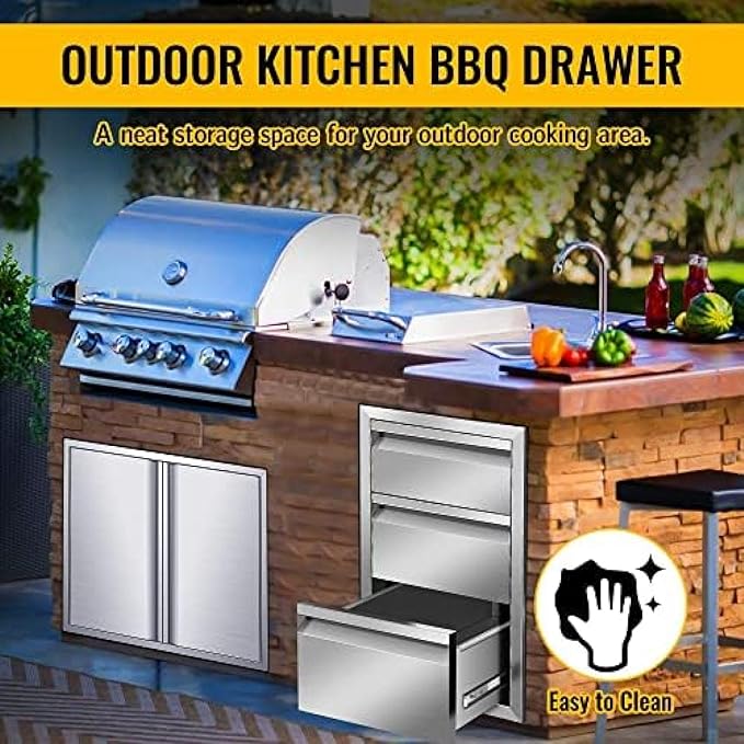 Outdoor Kitchen Stainless Steel Triple Access BBQ Drawers With Handle For BBQ Island Patio Grill Station,Three Drawers