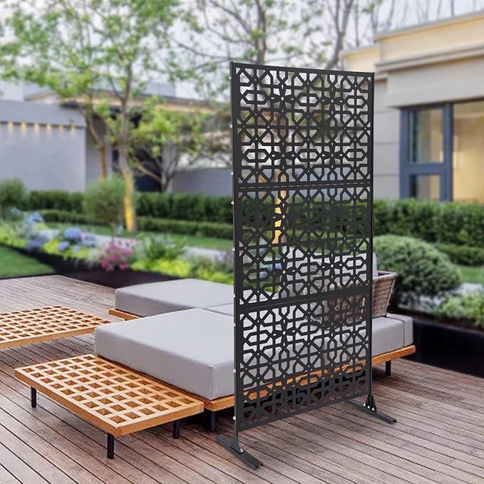 Outdoor Metal Privacy Screen with Stand, 35.4" W x 75" H Freestanding Metal Slatted Decorative Privacy Screen and Panels for Patio Garden Balcony Porch (Black Polygonal)
