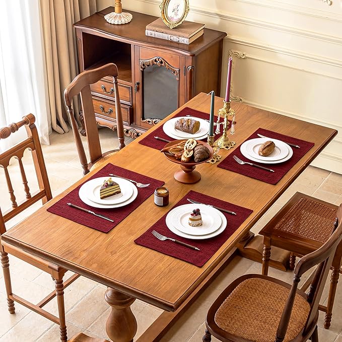 KXN Placemats Set of 8, Dual-Layer Thickened Faux Linen Table Mats, Heat Resistant & Wrinkle-Free, Machine Washable Cloth Place Mats for Kitchen Dining Indoor Outdoor (Red)