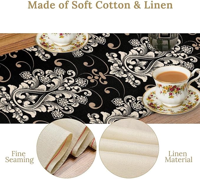 Goth Table Runner, Antique Gothic Damask Pattern Baroque Style Black Floral Flower Exotic Coffee Vintage Table Center Decor for Kitchen and Dining Outdoor Country Party Table Decorations, 13"x72"