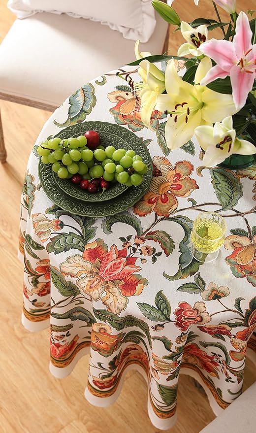 patdrea Designer Vintage Linen Round Tablecloth,Provencal Rustic Floral Pattern Tablecloths,Decorative Table Cover Cloth for Kitchen,Dining Room,Tea Party,Home,Christmas,Diameter 55"