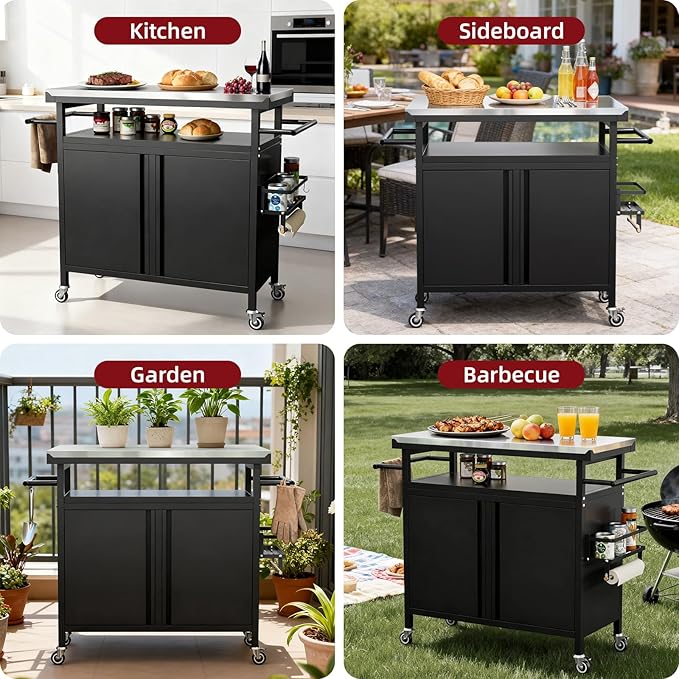 Outdoor Grill Cart Bar Cart with Storage Cabinet for Grilling Accessories, XL Portable Outdoor Grill Table with Stainless Steel Top for Kitchen Prep, Lawn & Garden(Black)