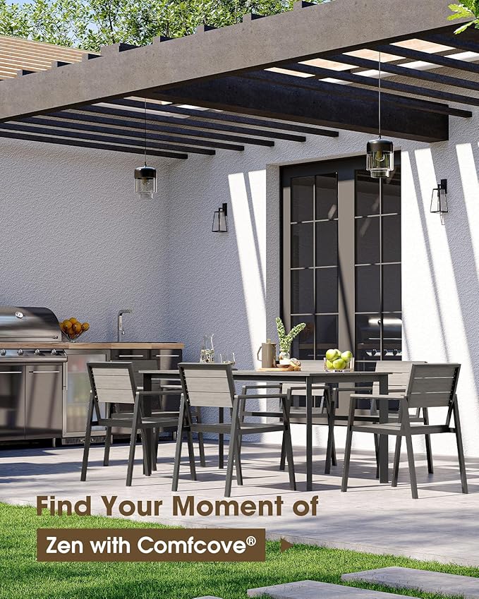 Patio Outdoor Dining Set for 6, Aluminum 7 Piece HDPS Patio Table and Chairs Set with Umbrella Hole, Modren Rectangular Patio Furniture Set with All-Weather Table and 6 Chairs (Classic Gray)