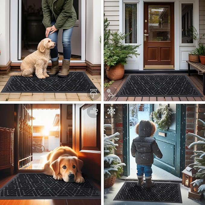 Smiry Front Door Mat Outside Entrance, Heavy Duty Sturdy Natural Rubber Doormat, Trap Dirt and Moisture, Easy Clean Low Profile Mats for Indoor Outdoor Entry, Grid Geometric (71x24, Black)