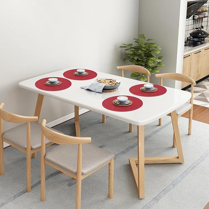 Homaxy Round Faux Leather Placemats and Coasters, Washable Dual-Side Table Mats, Wipeable Heat-Resistant Dining Place Mats for Outdoor and Indoor, Set of 4, Diameter 13 and 3.93 inch, Red