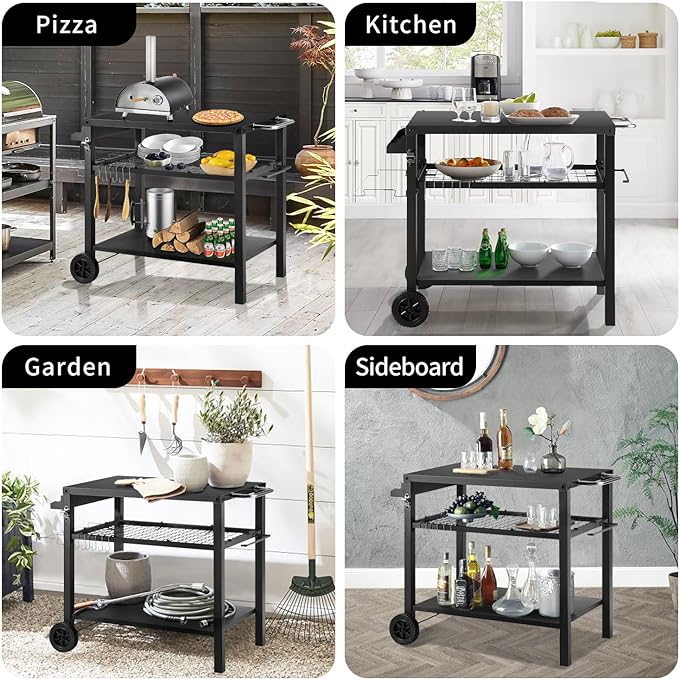Dining Cart Table with Three Shelf, Movable Outdoor BBQ Grill Pizza Oven Stand with Three Hooks, Kitchen Cart Island Multifunctional Food Prep Table for Inside and Outside (Black)