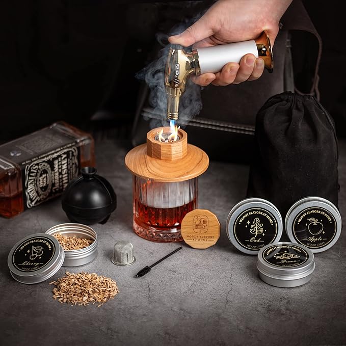 Cocktail Smoker Kit – Drink Smoker Bartender Kit with Torch, Sphere Ice Molds, Aromatic Wood Chips – Professional Bourbon Smoker Kit for Cocktails, Whiskey. No Butane (STD)