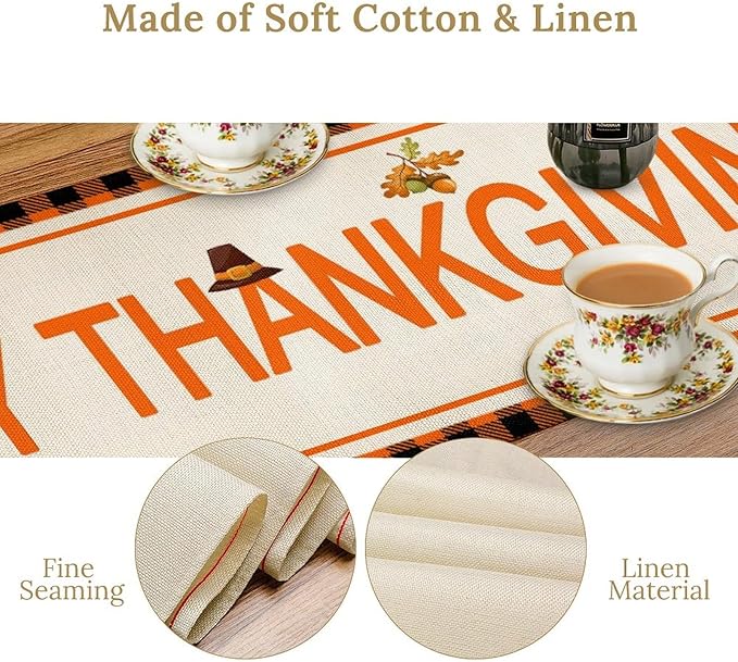 Happy Thanksgiving Table Runner, Autumn Pumpkin Maple Leaves Turkey Print Fall Harvest Holiday Kitchen Dining Table Decor for Indoor Outdoor Party, 13x36inch